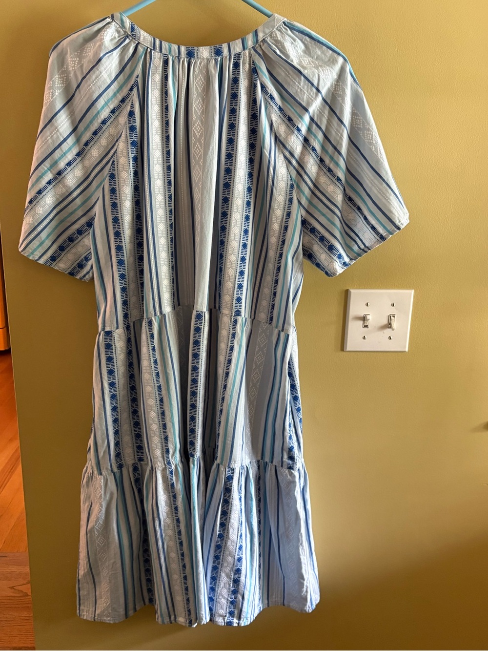 Cute swingy cotton tiered summer dress. Blues and stripes, tie tassel neck. - Picture 2 of 8